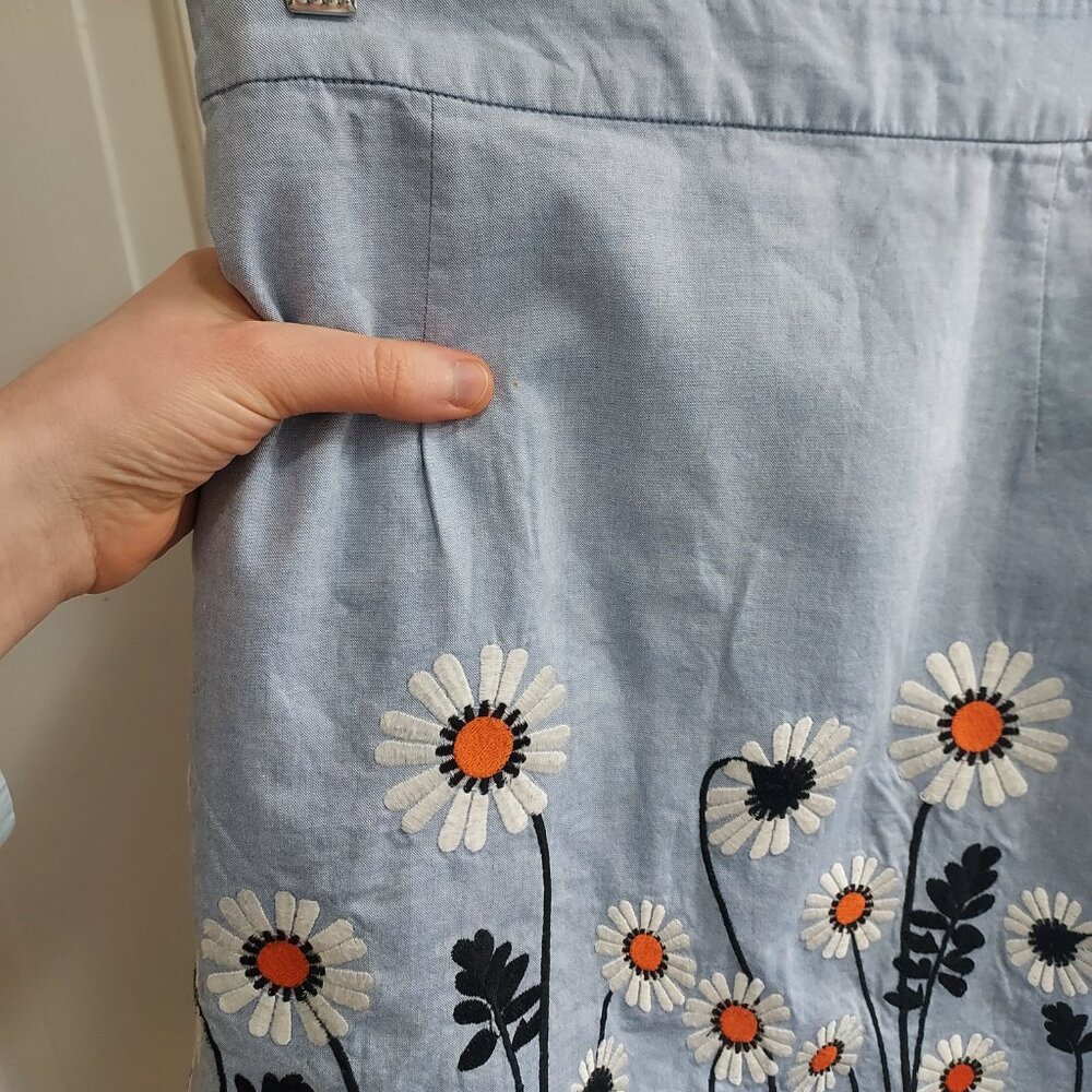Orla Kiely Blue Floral Embroidered Ruffle Embroidery Chambray Skirt - Picture 5 of 11